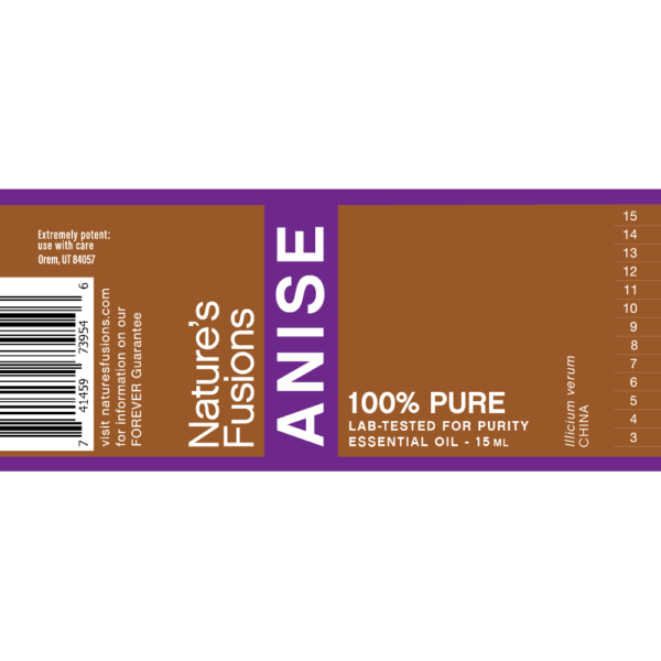 Nature's Fusions anise essential oil label "FOREVER Guarantee — 100% pure — Lab-tested"