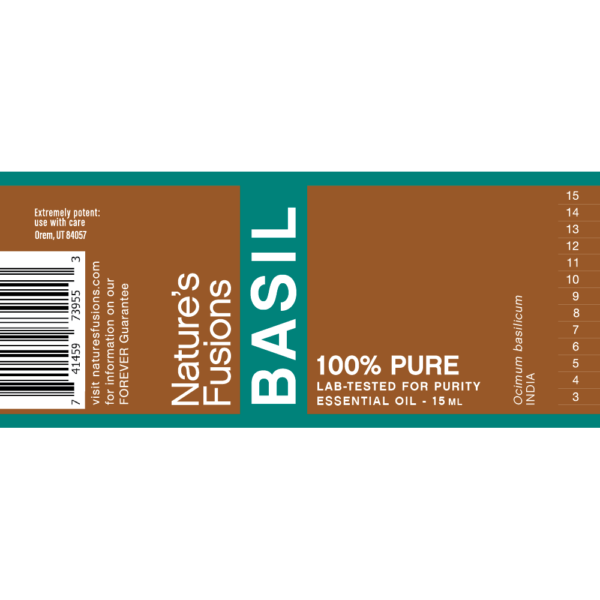 Nature's Fusions basil essential oil label "FOREVER Guarantee — 100% pure — Lab-tested"