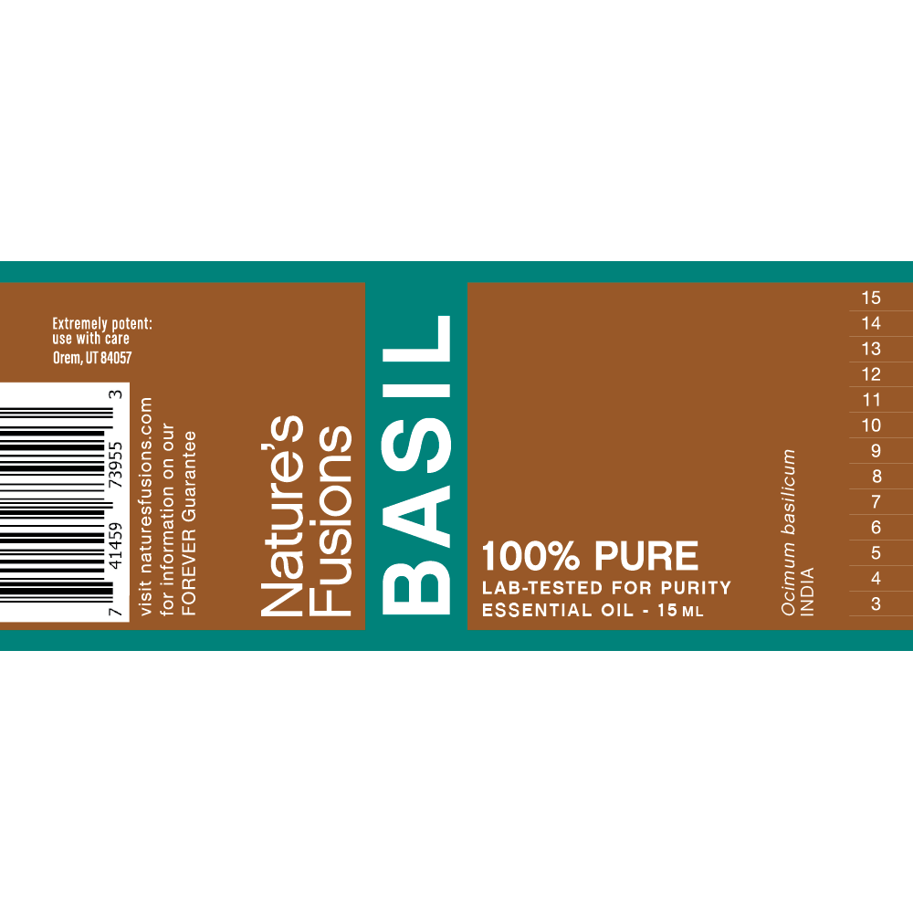 Nature's Fusions basil essential oil label "FOREVER Guarantee — 100% pure — Lab-tested"