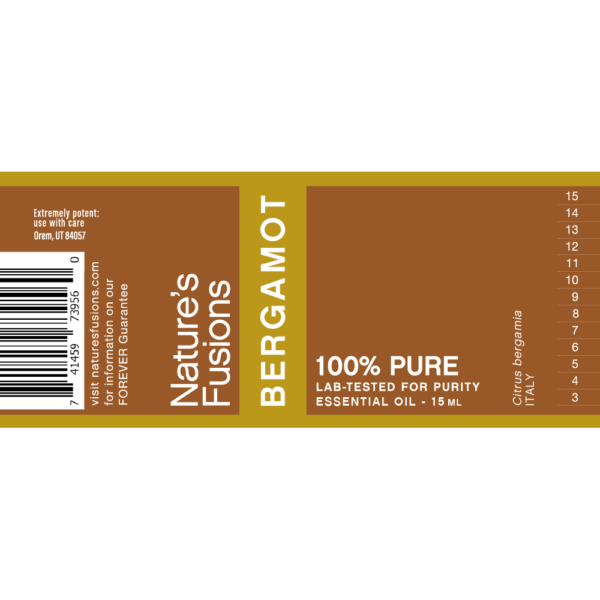 Nature's Fusions bergamot essential oil label "FOREVER Guarantee — 100% pure — Lab-tested"