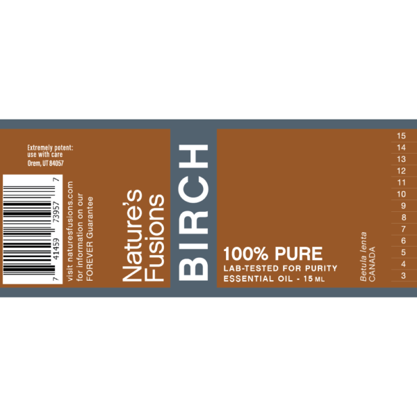 Nature's Fusions birch essential oil label "FOREVER Guarantee — 100% pure — Lab-tested"