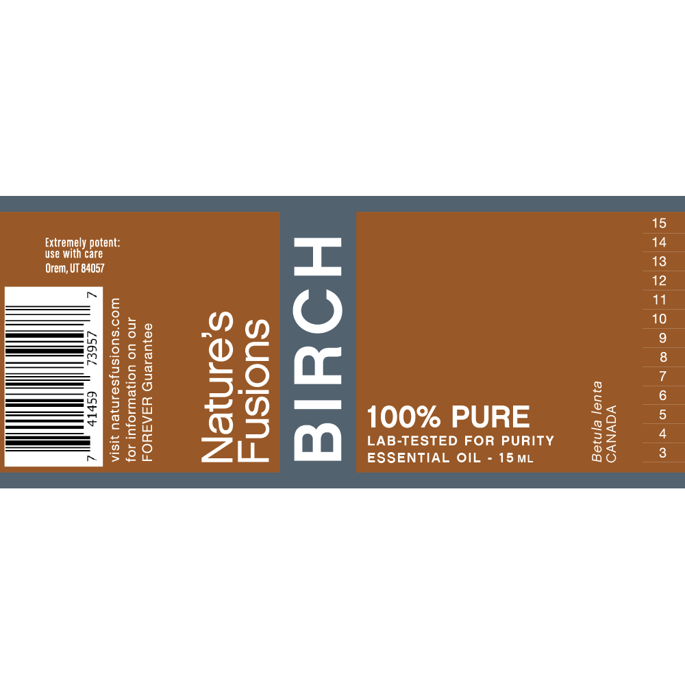 Nature's Fusions birch essential oil label "FOREVER Guarantee — 100% pure — Lab-tested"