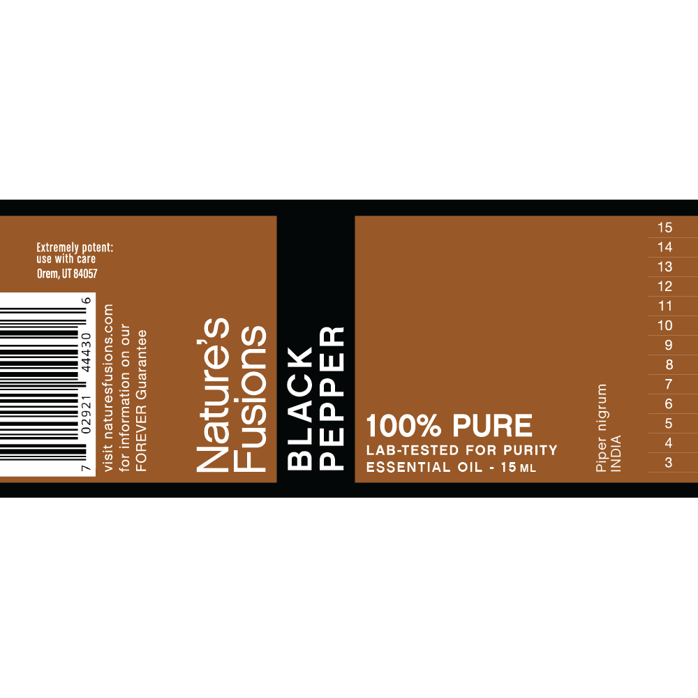 Nature's Fusions black pepper essential oil label "FOREVER Guarantee — 100% pure — Lab-tested"