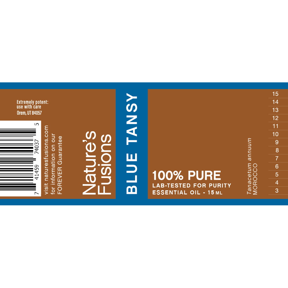 Nature's Fusions blue tansy essential oil label "FOREVER Guarantee — 100% pure — Lab-tested"