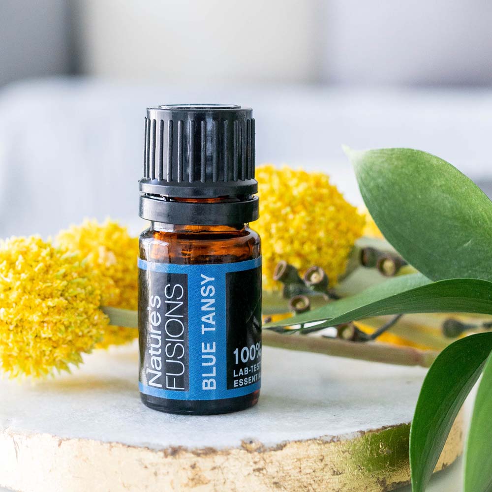 blue tansy essential oil with flower photo