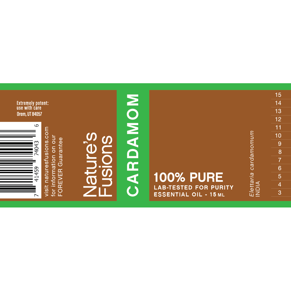 Nature's Fusions cardamom essential oil label "FOREVER Guarantee — 100% pure — Lab-tested"