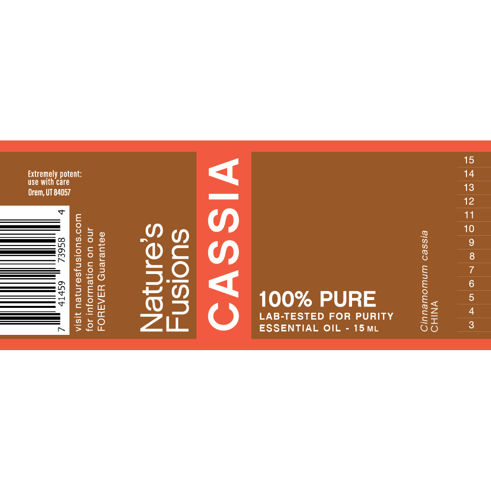 Nature's Fusions cassia essential oil label "FOREVER Guarantee — 100% pure — Lab-tested"