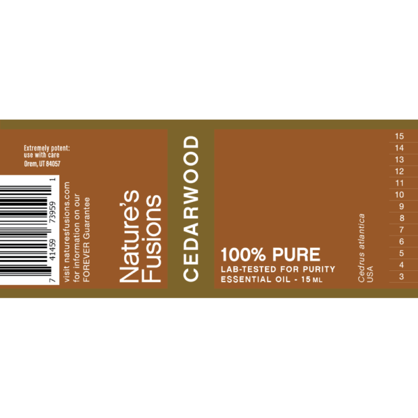 Nature's Fusions cedarwood essential oil label "FOREVER Guarantee — 100% pure — Lab-tested"