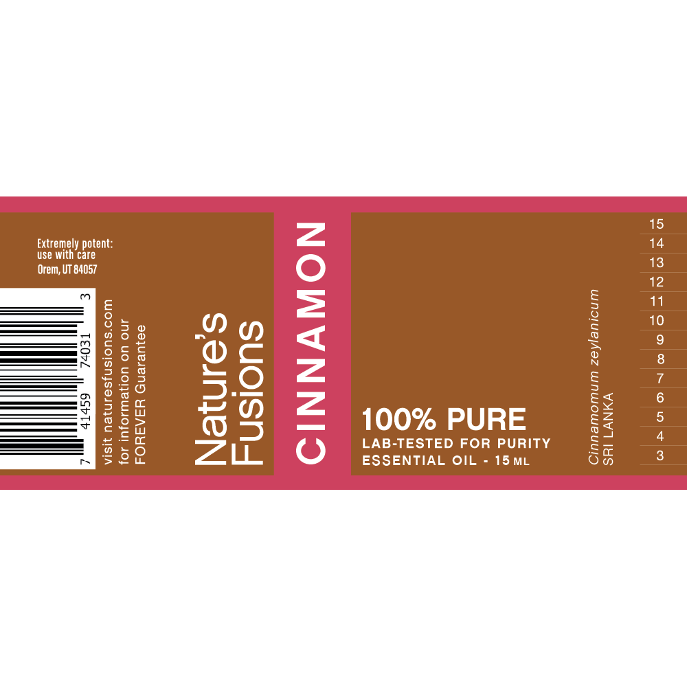 Nature's Fusions cinnamon essential oil label "FOREVER Guarantee — 100% pure — Lab-tested"