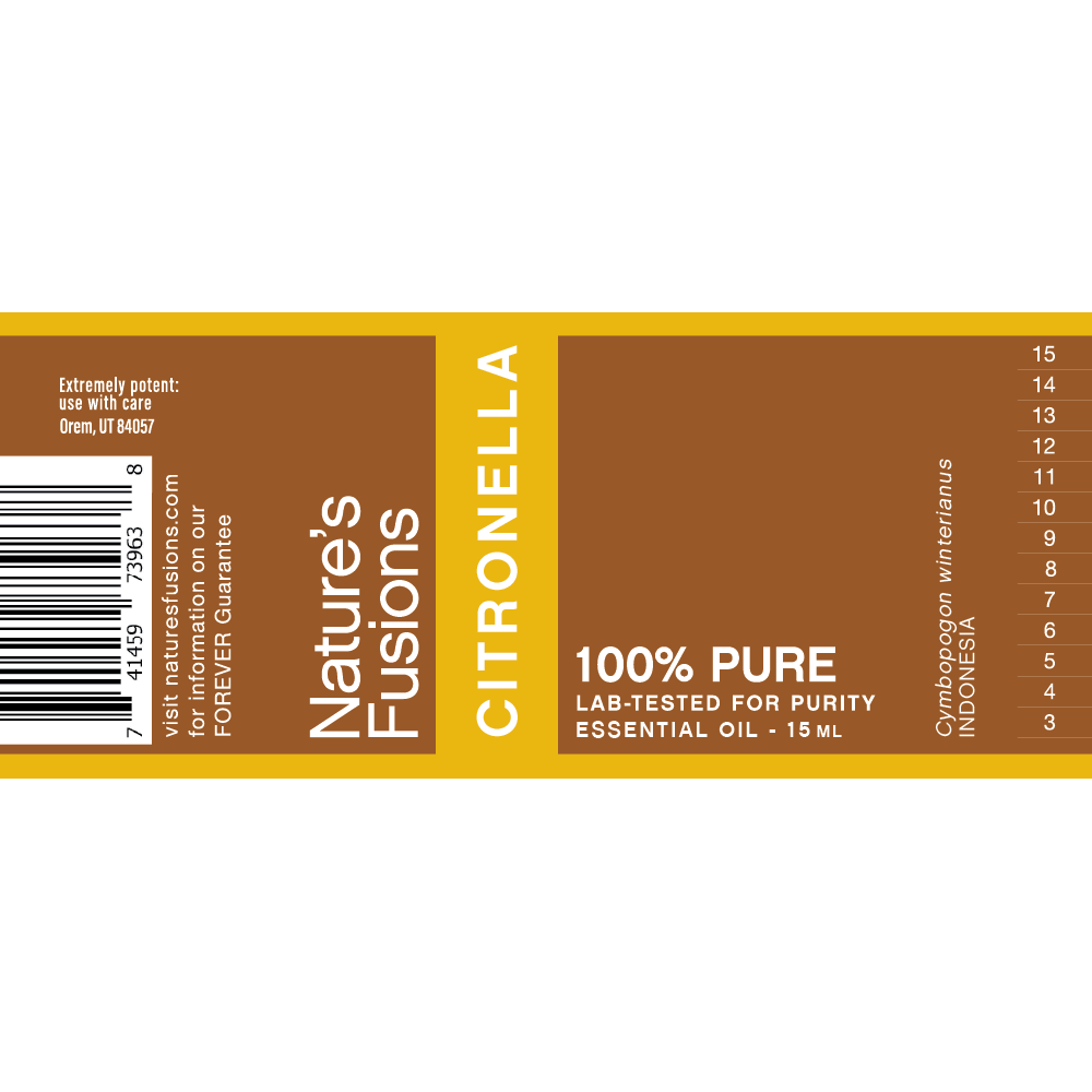 Nature's Fusions citronella essential oil label "FOREVER Guarantee — 100% pure — Lab-tested"