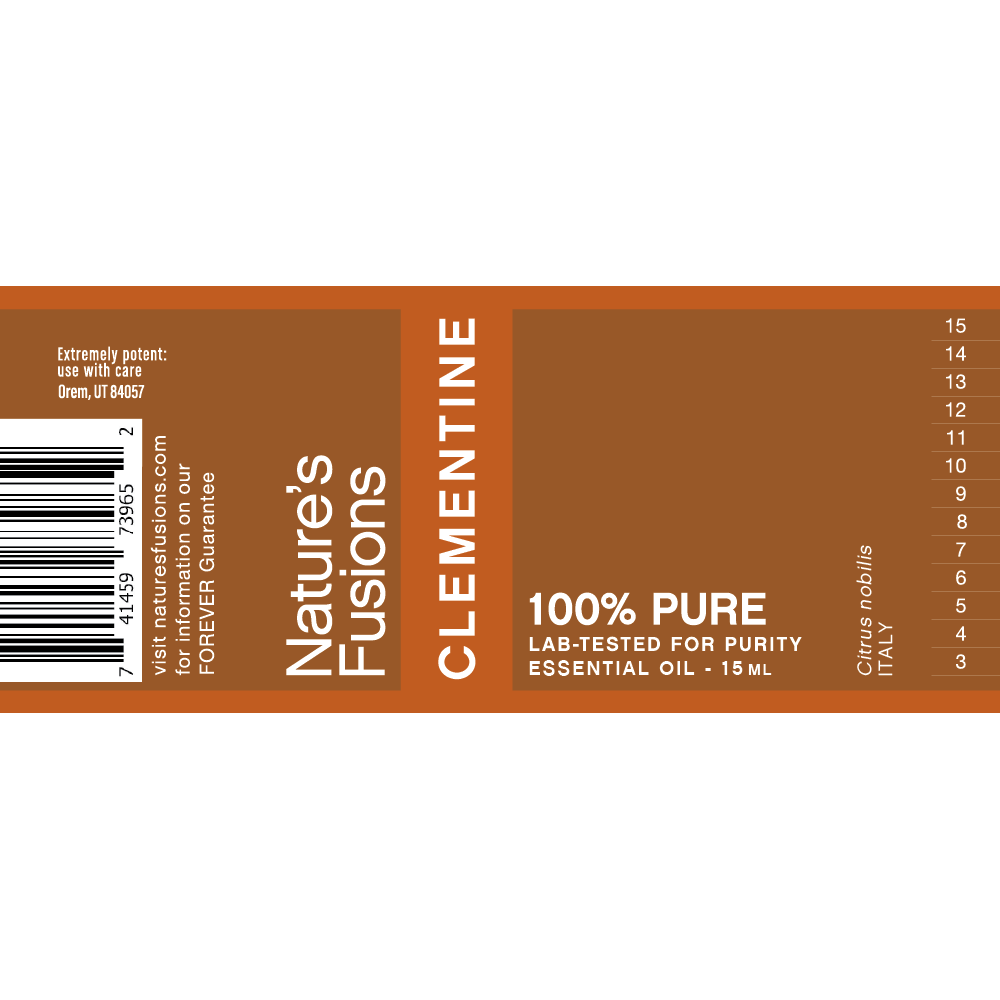Nature's Fusions clementine essential oil label "FOREVER Guarantee — 100% pure — Lab-tested"