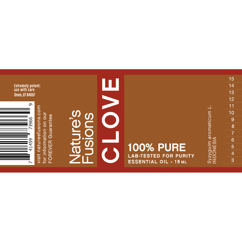 Nature's Fusions clove essential oil label "FOREVER Guarantee — 100% pure — Lab-tested"