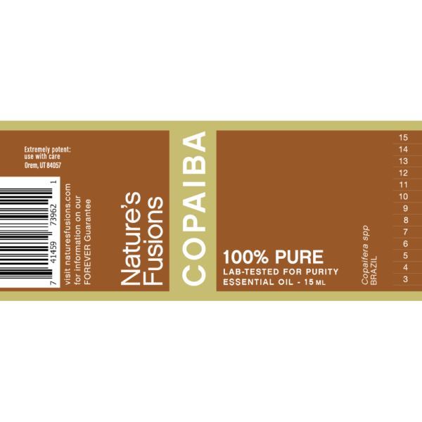 Nature's Fusions copaiba essential oil label "FOREVER Guarantee — 100% pure — Lab-tested"