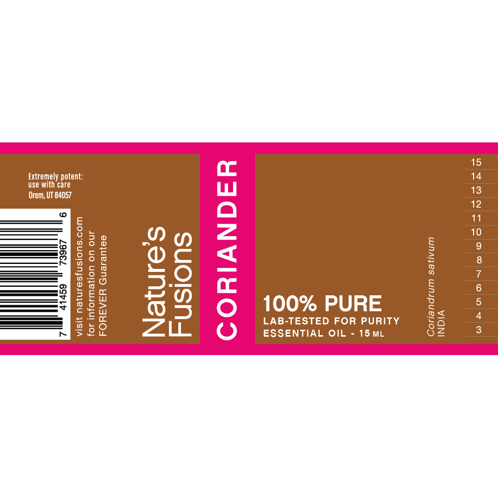 Nature's Fusions coriander essential oil label "FOREVER Guarantee — 100% pure — Lab-tested"