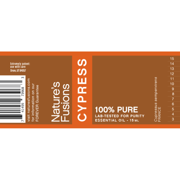 Nature's Fusions cypress essential oil label "FOREVER Guarantee — 100% pure — Lab-tested"