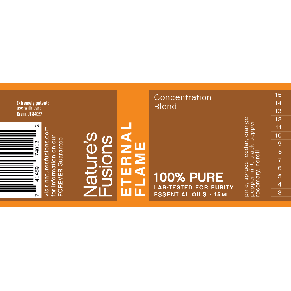 Nature's Fusions Eternal Flame concentration essential oil blend label "100% pure — Lab-tested"
