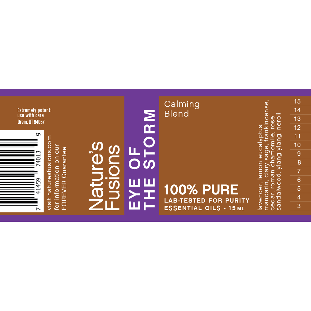 Nature's Fusions Eye of the Storm Calming essential oil blend label "100% pure — Lab-tested"