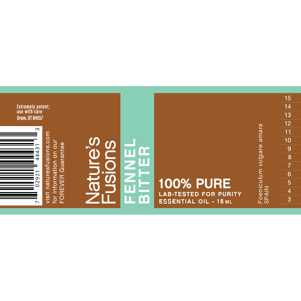 Nature's Fusions fennel bitter essential oil label "FOREVER Guarantee — 100% pure — Lab-tested"