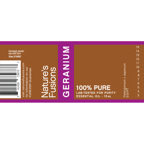Nature's Fusions geranium essential oil label "FOREVER Guarantee — 100% pure — Lab-tested"