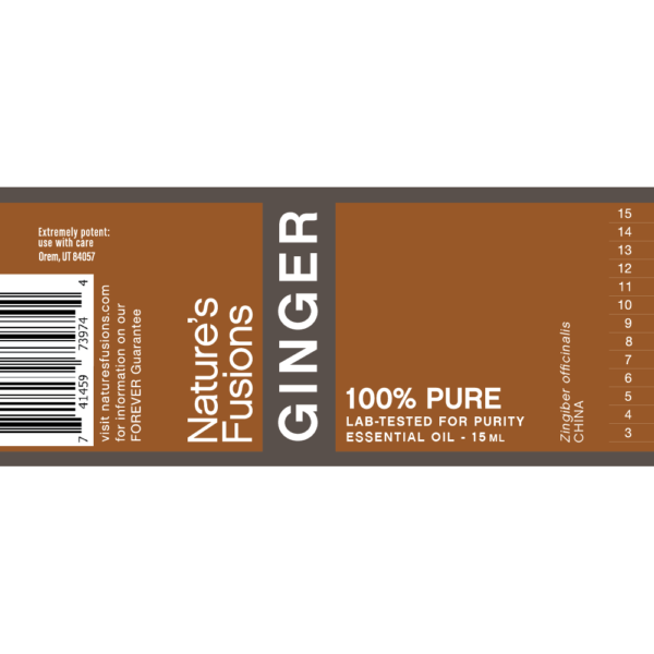 Nature's Fusions ginger essential oil label "FOREVER Guarantee — 100% pure — Lab-tested"