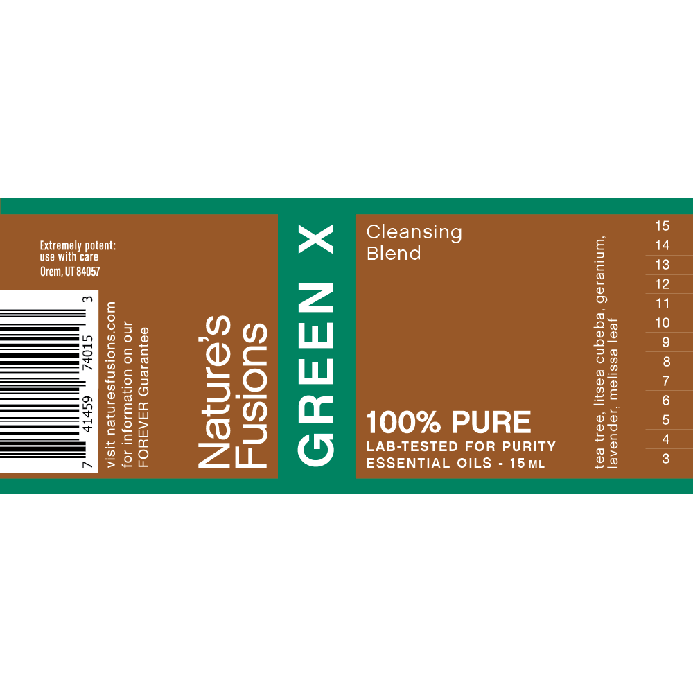 Nature's Fusions GreenX cleansing essential oil blend label "100% pure — Lab-tested"