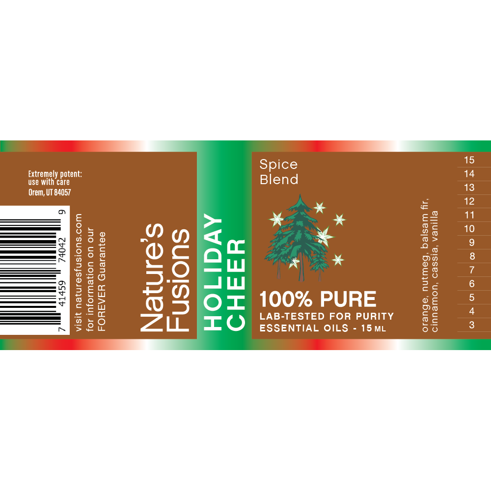 Nature's Fusions Holiday Cheer essential oil spice blend label "100% pure — Lab-tested"