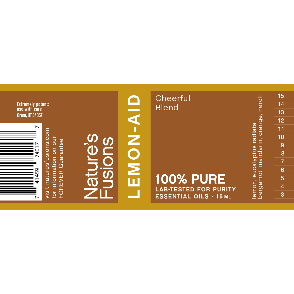 Nature's Fusions Lemon-Aid cheerful essential oil blend label "100% pure — Lab-tested"
