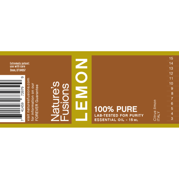 Nature's Fusions lemon essential oil label "FOREVER Guarantee — 100% pure — Lab-tested"