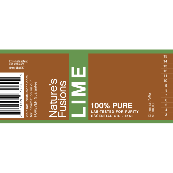 Nature's Fusions lime essential oil label "FOREVER Guarantee — 100% pure — Lab-tested"