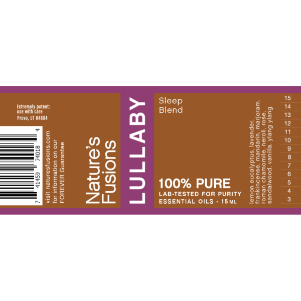 Nature's Fusions Lullaby essential oil blend label "100% pure — Lab-tested"
