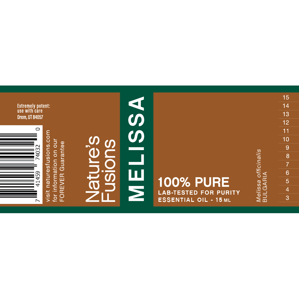 Nature's Fusions Melissa essential oil label "FOREVER Guarantee — 100% pure — Lab-tested"