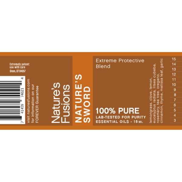 Nature's Fusions Nature's Sword essential oil protective blend label "100% pure — Lab-tested"