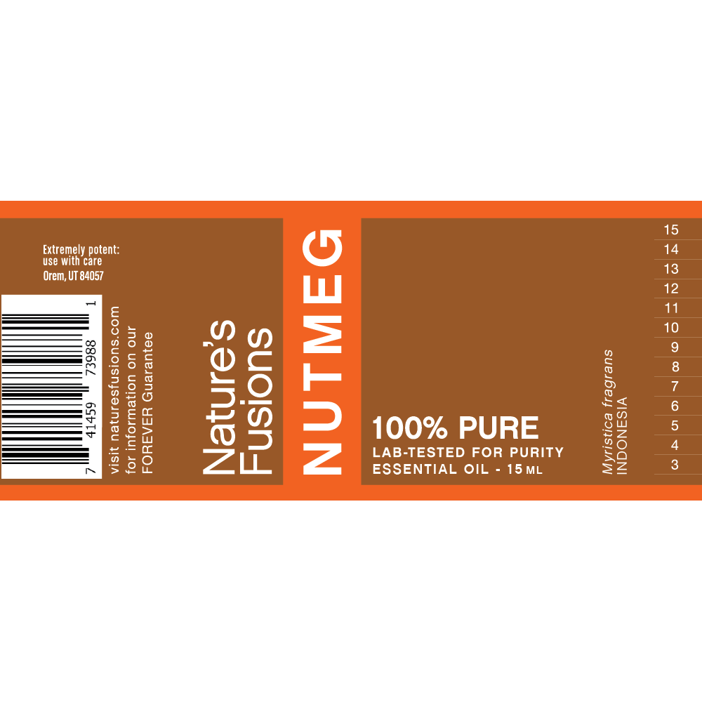 Nature's Fusions nutmeg essential oil label "FOREVER Guarantee — 100% pure — Lab-tested"
