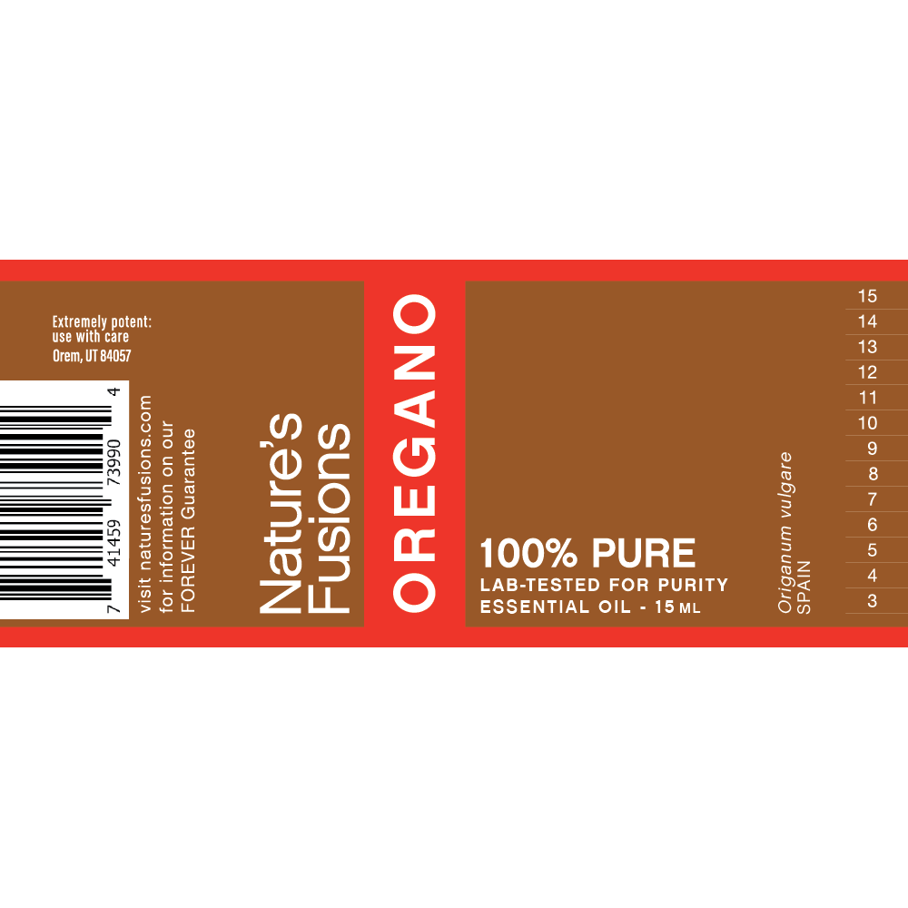 Nature's Fusions oregano essential oil label "FOREVER Guarantee — 100% pure — Lab-tested"