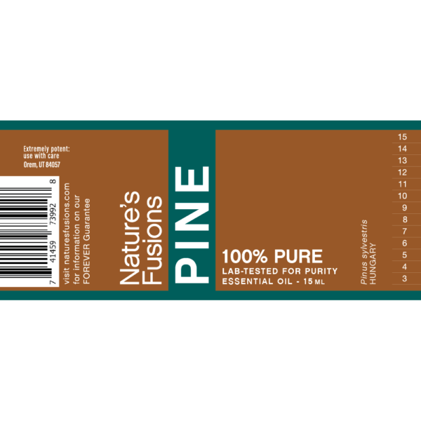 Nature's Fusions pine essential oil label "FOREVER Guarantee — 100% pure — Lab-tested"