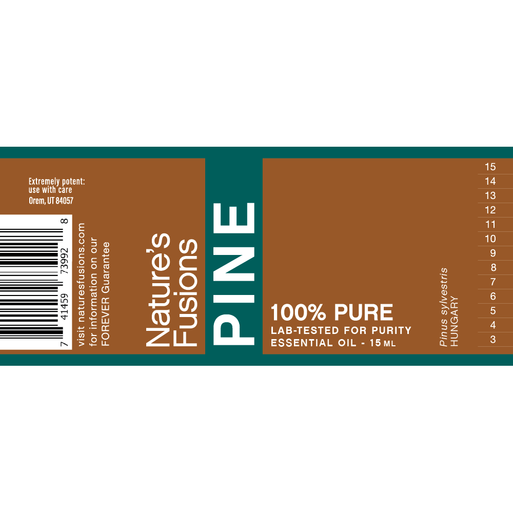 Nature's Fusions pine essential oil label "FOREVER Guarantee — 100% pure — Lab-tested"