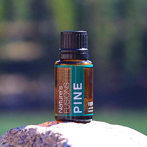 pine essential oil bottle outside on rock