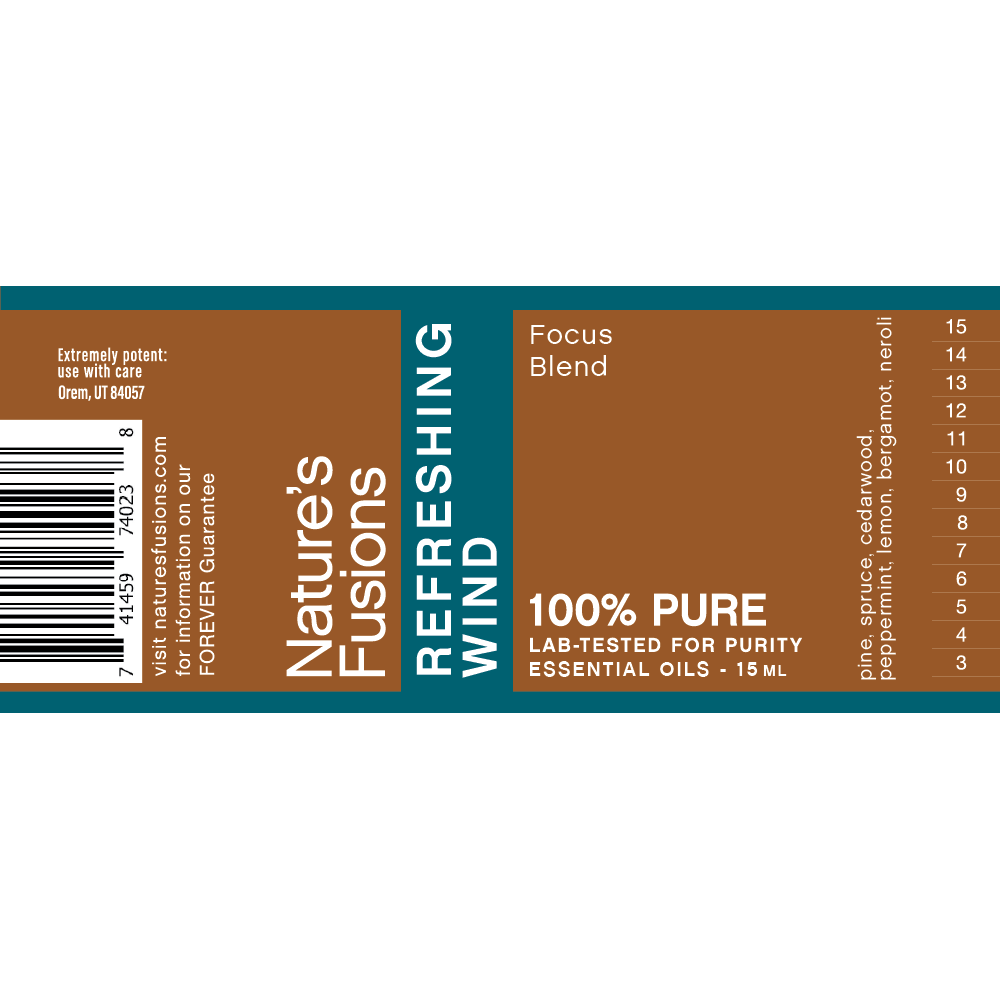 Nature's Fusions Refreshing Wind focus essential oil blend label "100% pure — Lab-tested"