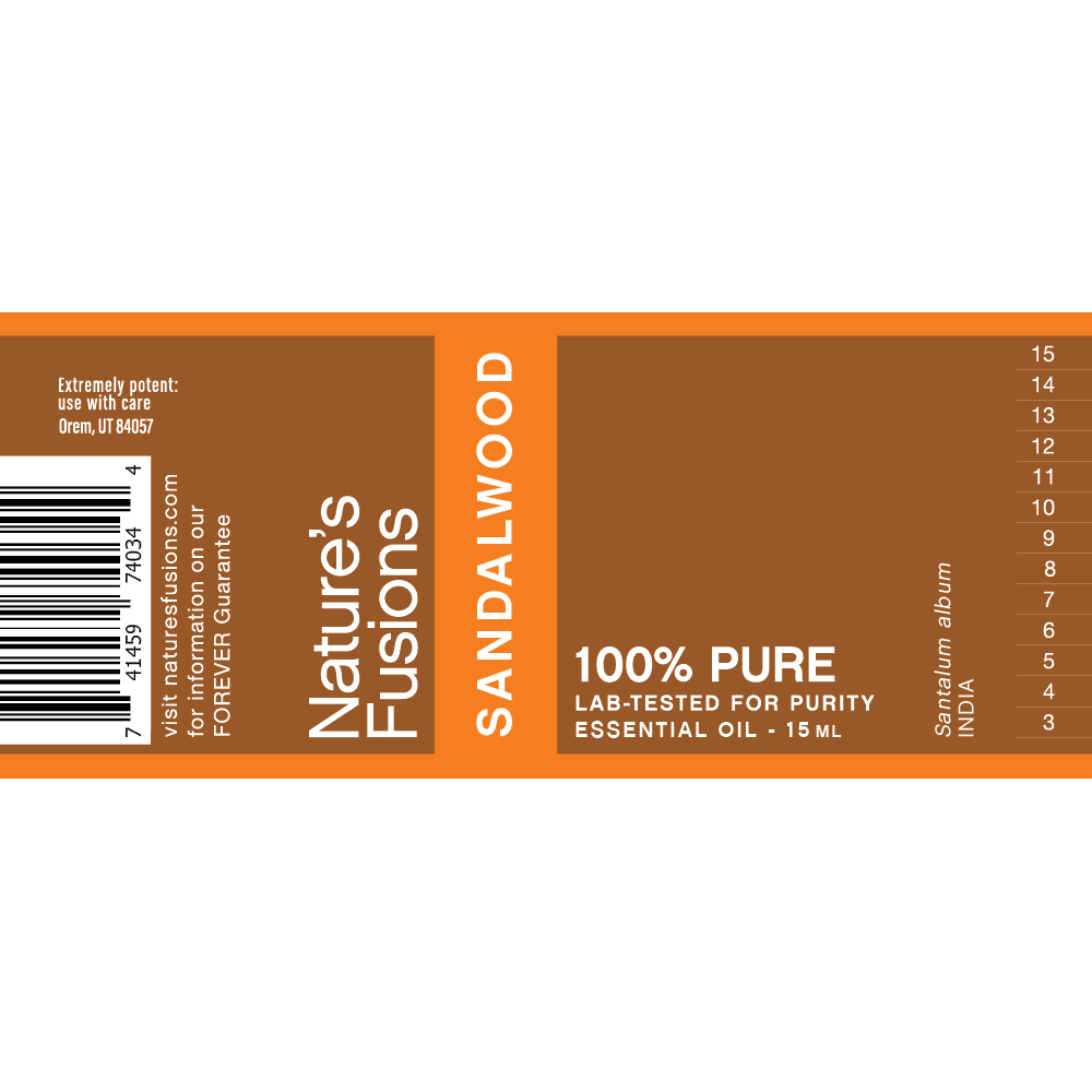 Nature's Fusions sandalwood essential oil label "FOREVER Guarantee — 100% pure — Lab-tested"