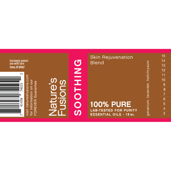 Nature's Fusions Soothing essential oil skin rejuvenation blend label "100% pure — Lab-tested"