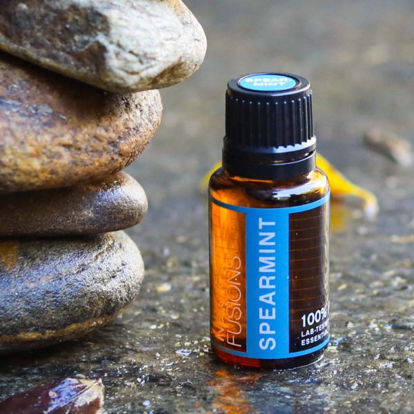 spearmint essential oil bottle beside stacked rocks after rain