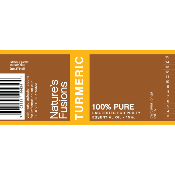 Nature's Fusions turmeric essential oil label "FOREVER Guarantee — 100% pure — Lab-tested"