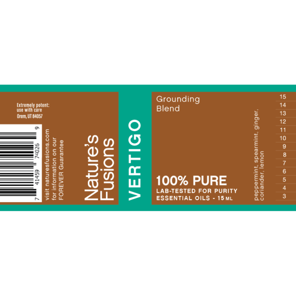 Nature's Fusions Vertigo grounding essential oil blend label "100% pure — Lab-tested"