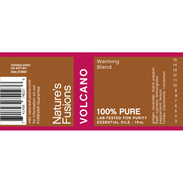 Nature's Fusions Volcano warming essential oil blend label "100% pure — Lab-tested"