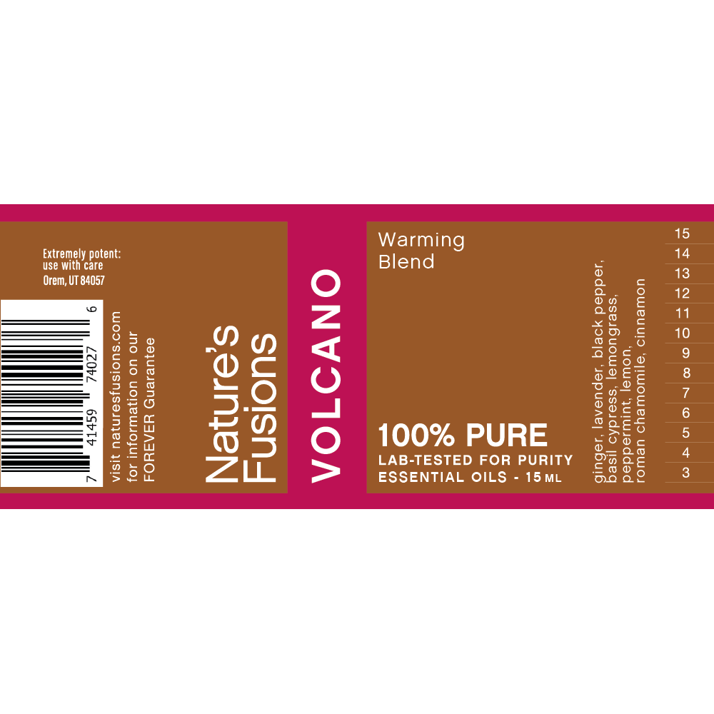 Nature's Fusions Volcano warming essential oil blend label "100% pure — Lab-tested"