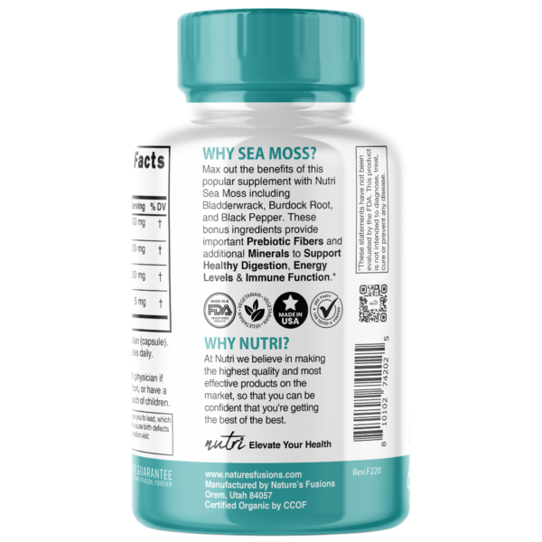 Nutri Sea Moss with Bladderwrack, Burdock & Black Pepper, 60 count - Organic - Image 3