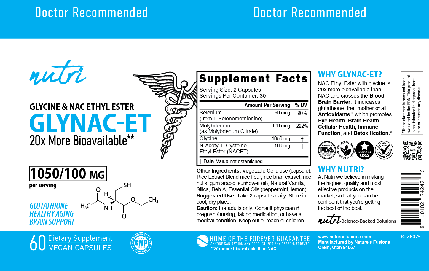 Nutri GlyNACET (Glycine w/ NAC Ethyl Ester, molybdenum & selenium) 1050/100mg - 60 count - Image 4