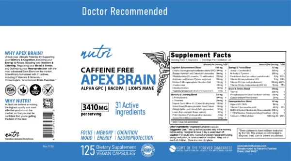 Nutri Apex Brain Caffeine Free 3410mg - 125 Capsules