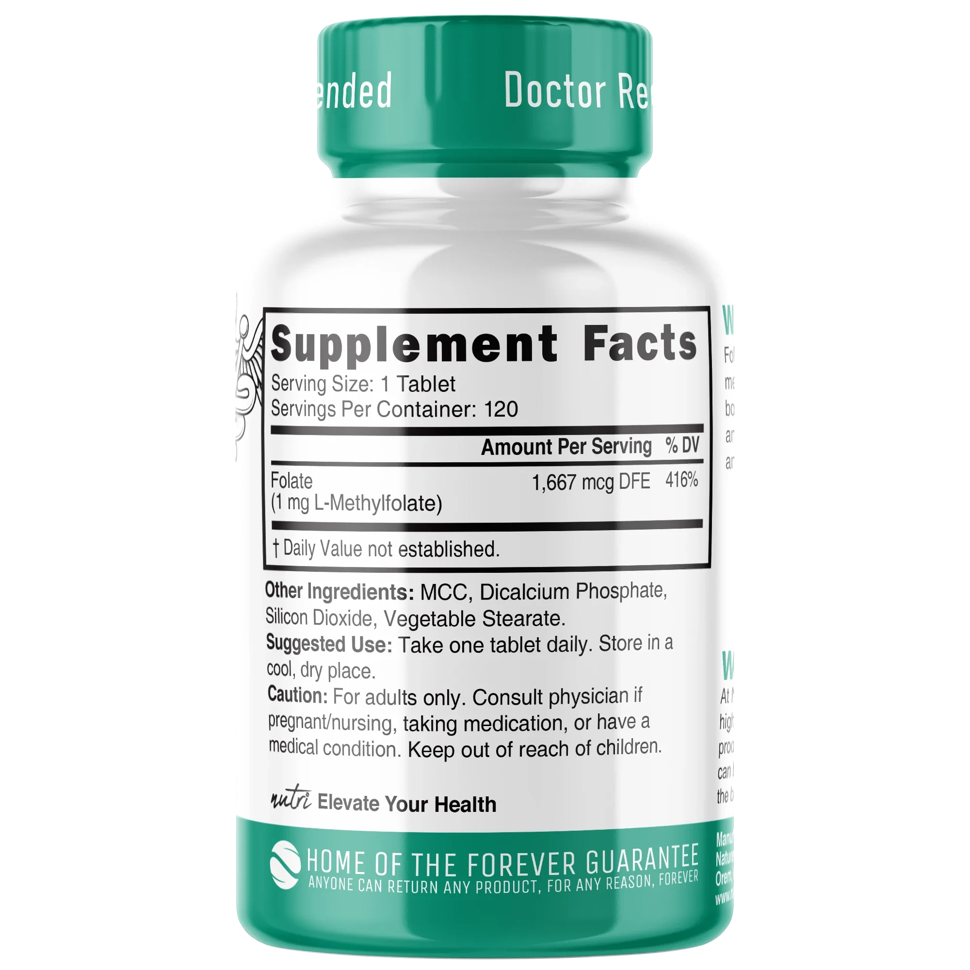 Nutri Methylfolate (5-MTHF) 1 mg – 120 Count - back label