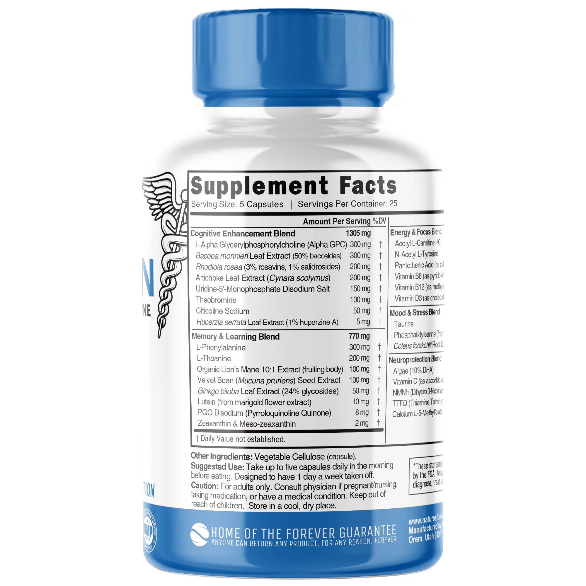 Nutri Apex Brain Caffeine Free 3410 mg – 125 Count - back label